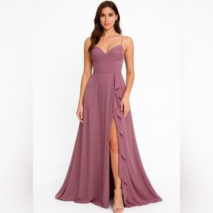 Azazie Mauve Long Formal Dress Front Ruffle Detail Pleated Bustier Size A10